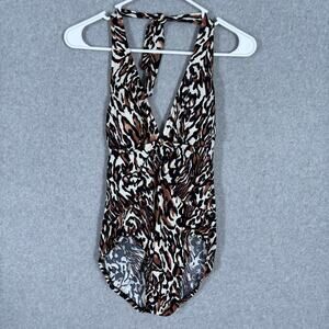 Aqua Green Swimsuit Small One Piece Leopard Animal Halter Ruched Low Back Sexy‎